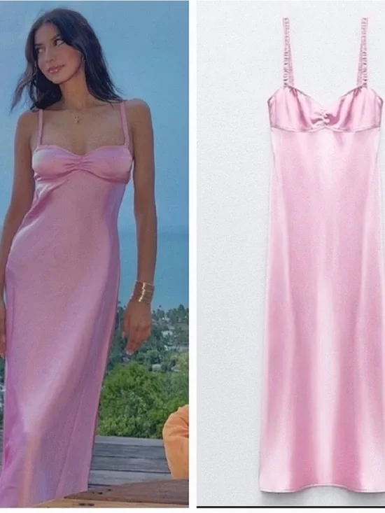 Zara Pink Satin Slip Midi Dress - Picture 2 of 5